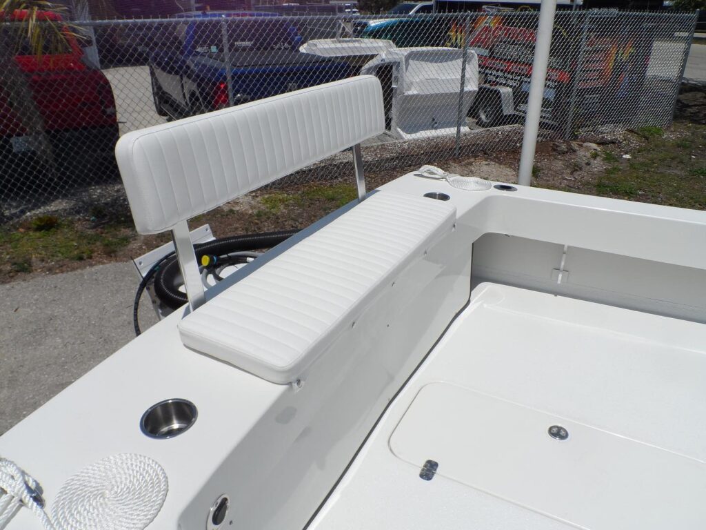 Rear bench seat on an Atlas Boatworks 23F. White bottom and rear cushions.