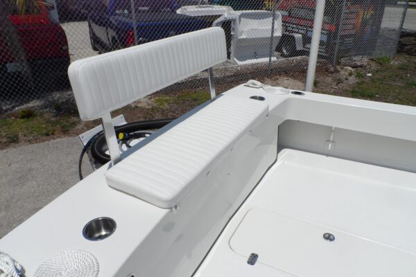 Rear bench seat on an Atlas Boatworks 23F. White bottom and rear cushions.