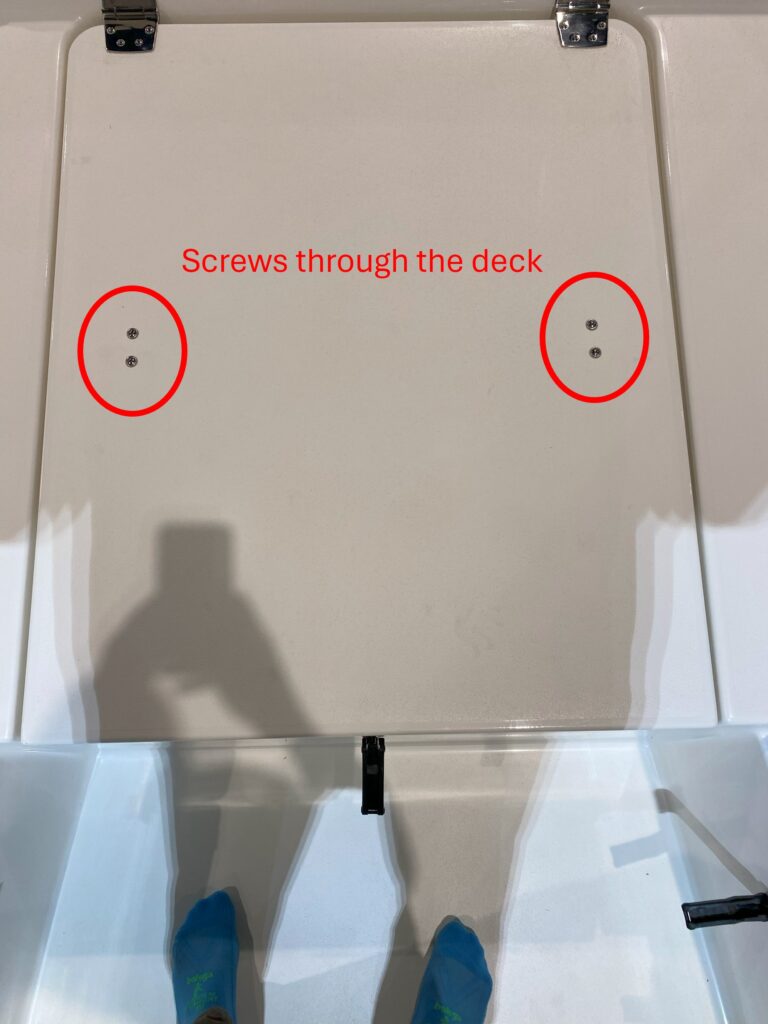 Image of the deck of a boat with circles around where screws come through the deck to mount items below.