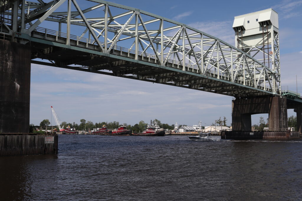 view of a bridge from Dram Tree Park boat ramp