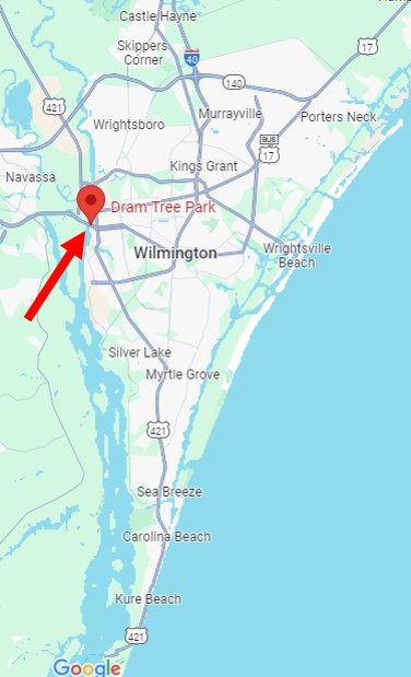 a map showing the location of Dram Tree Park in Wilmington, NC