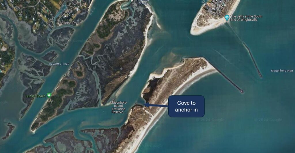 Google map of anchoring cove on Masonboro Island, NC