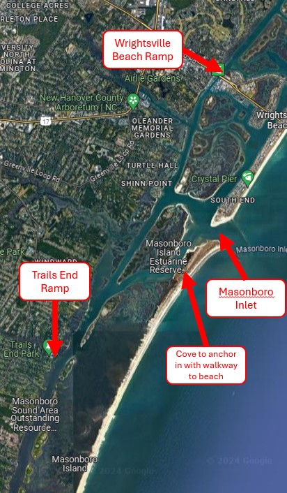 Google map of boat launch locations around Masonboro Island