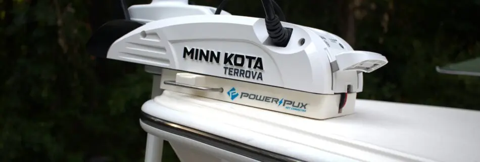 Minn Kota Riptide Terrova trolling motor is mounted on an Atlas Boatworks 23F bay boat