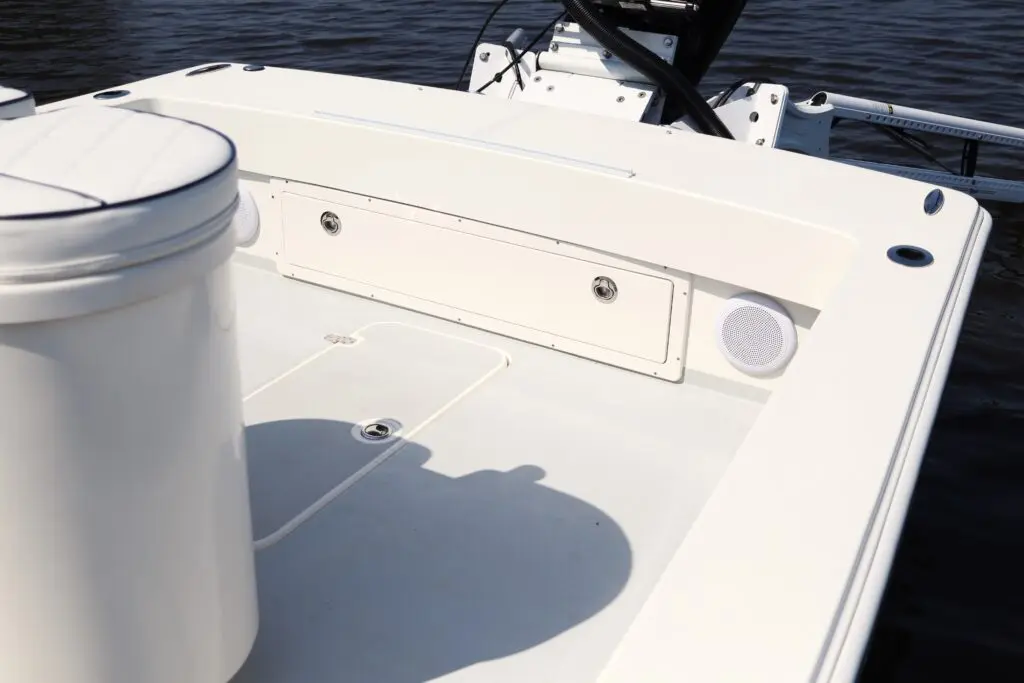 Transom hatch Closed on an Atlas Boatworks 23F bay boat