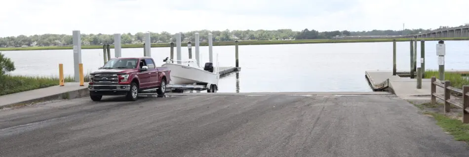 An Atlas Boatworks 23F bay boat on the boat ramp at WO Thomas Boat Landing in Charleston, SC