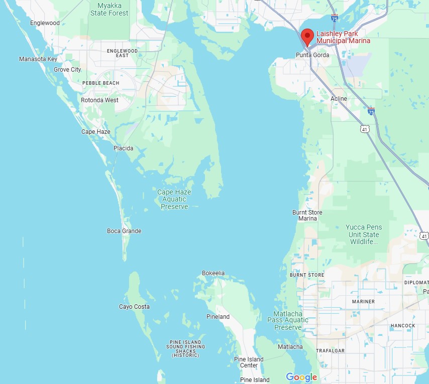 Map of Charlotte Harbor with Laishley Park Marina highlighted.