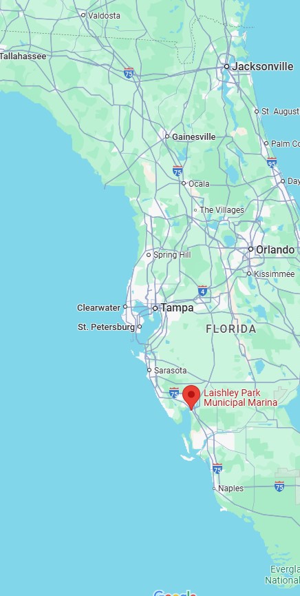 Map of Florida with Laishley Park Marina highlighted.