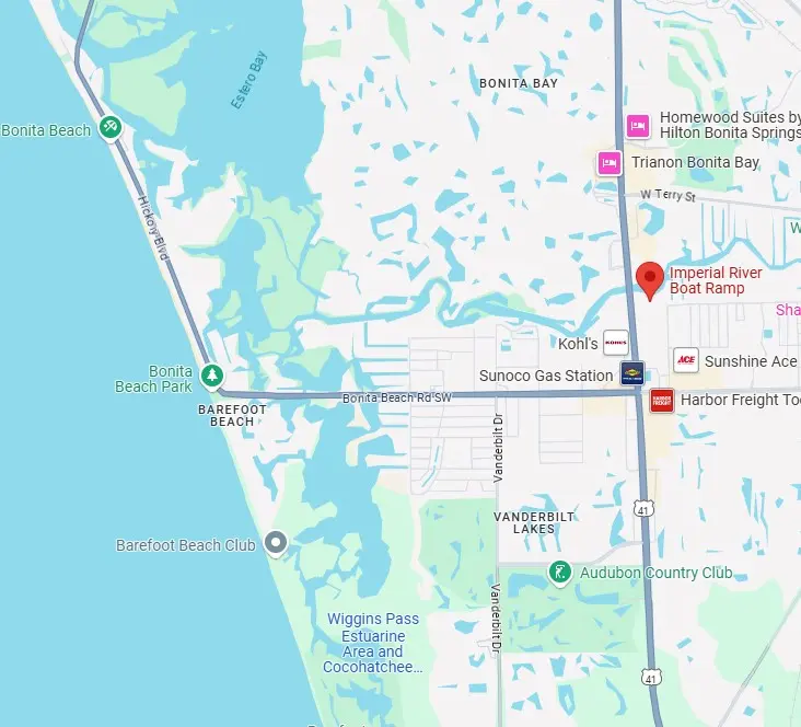 A google map of the Imperial River Boat Ramp in Bonita Springs, Fl.