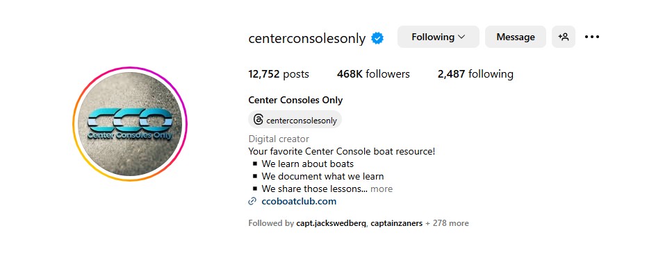 Screenshot of center consoles only instagram account